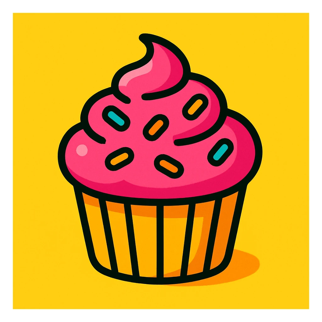 cupcake with pink icing, fun modern style, vibrant colors, playful sticker