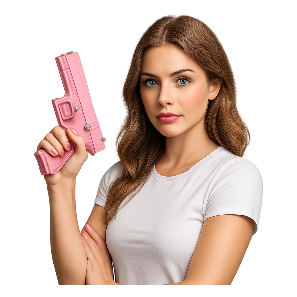 white girl with blue eyes, pink nails, holding a pink gun, confident pose sticker