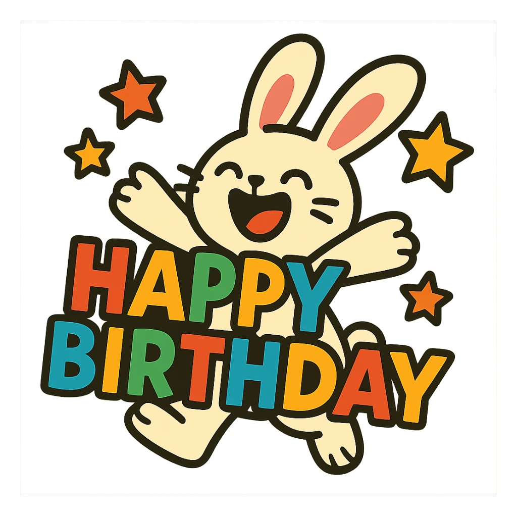 laughing bunny hugging "Happy Birthday" letters with stars, vibrant toon style, bright colors, dynamic sticker