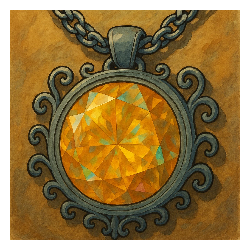 Add a silver chain or ornate setting to the round cut holographic amber charm, keeping the extreme close-up and original style sticker