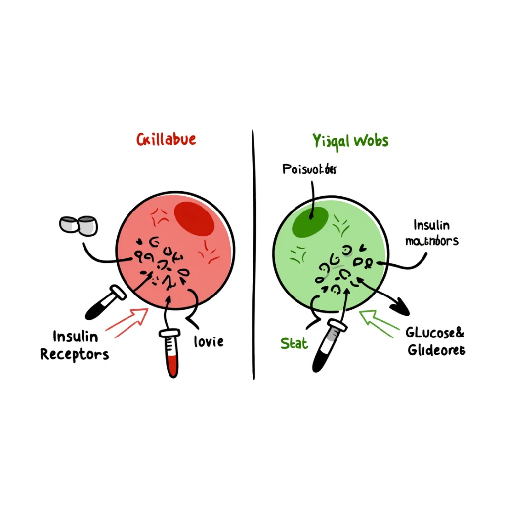 Anti-diabetic treatment visualization: hand-drawn diagram comparing high glucose state (red side) versus treated state (green side) with medication symbols, insulin receptors, and cellular glucose uptake. Colorful educational illustration with before/after comparison and labeled components. sticker