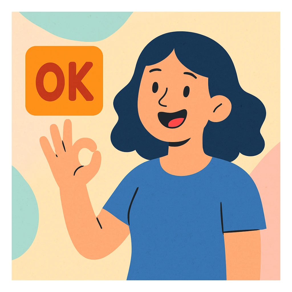 OK text in an orange square sticker