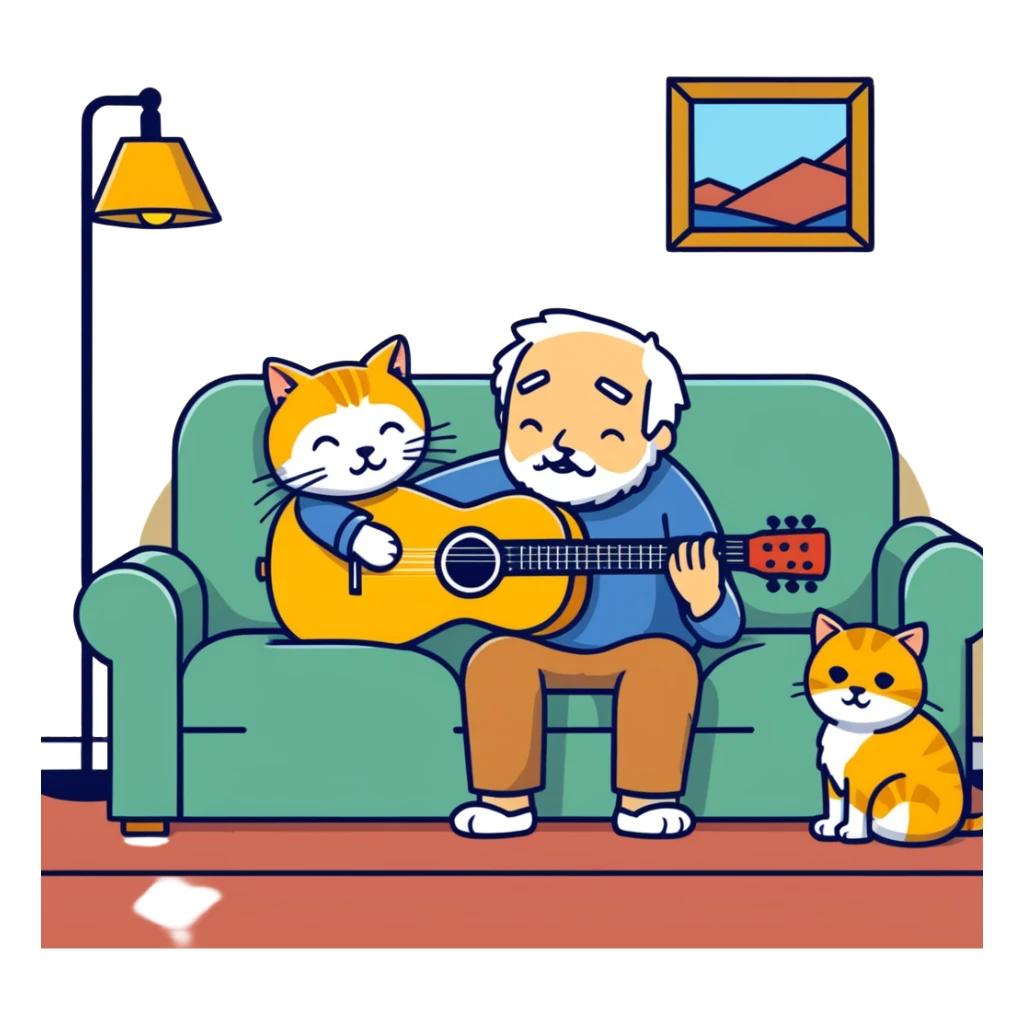  old blind man playing guitar  on the couch with his golden cat  sticker