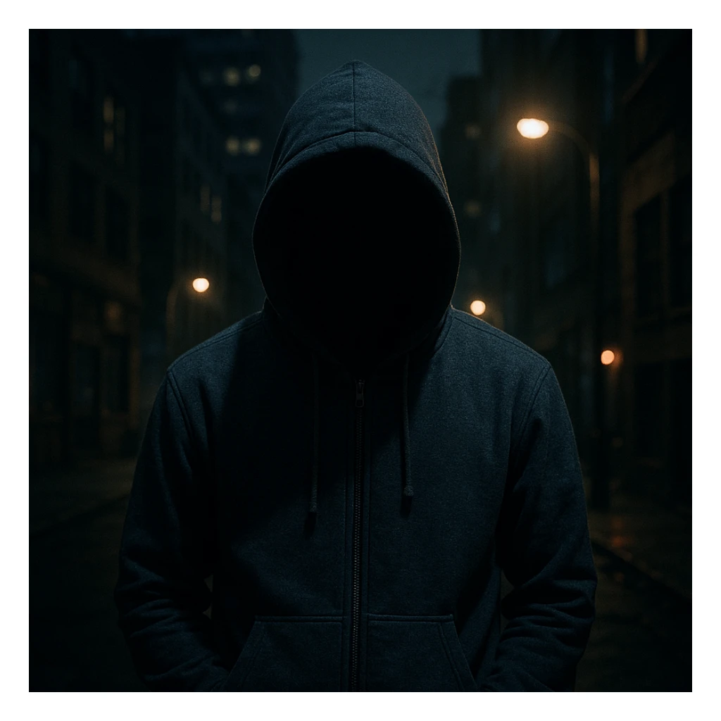 mysterious man, shadowed face, wearing a hoodie, urban background sticker
