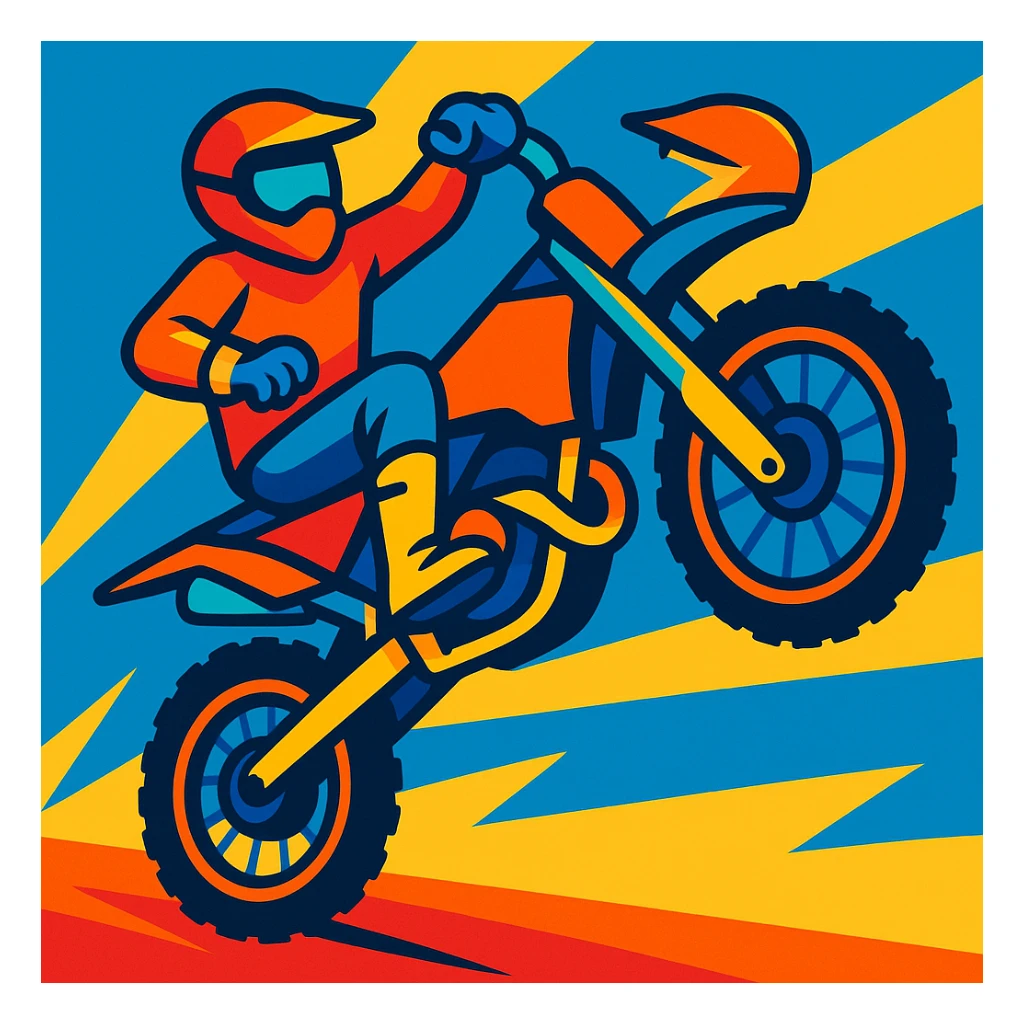 dirtbike on one wheel, energetic illustration, lively, bright colors, dynamic pose sticker