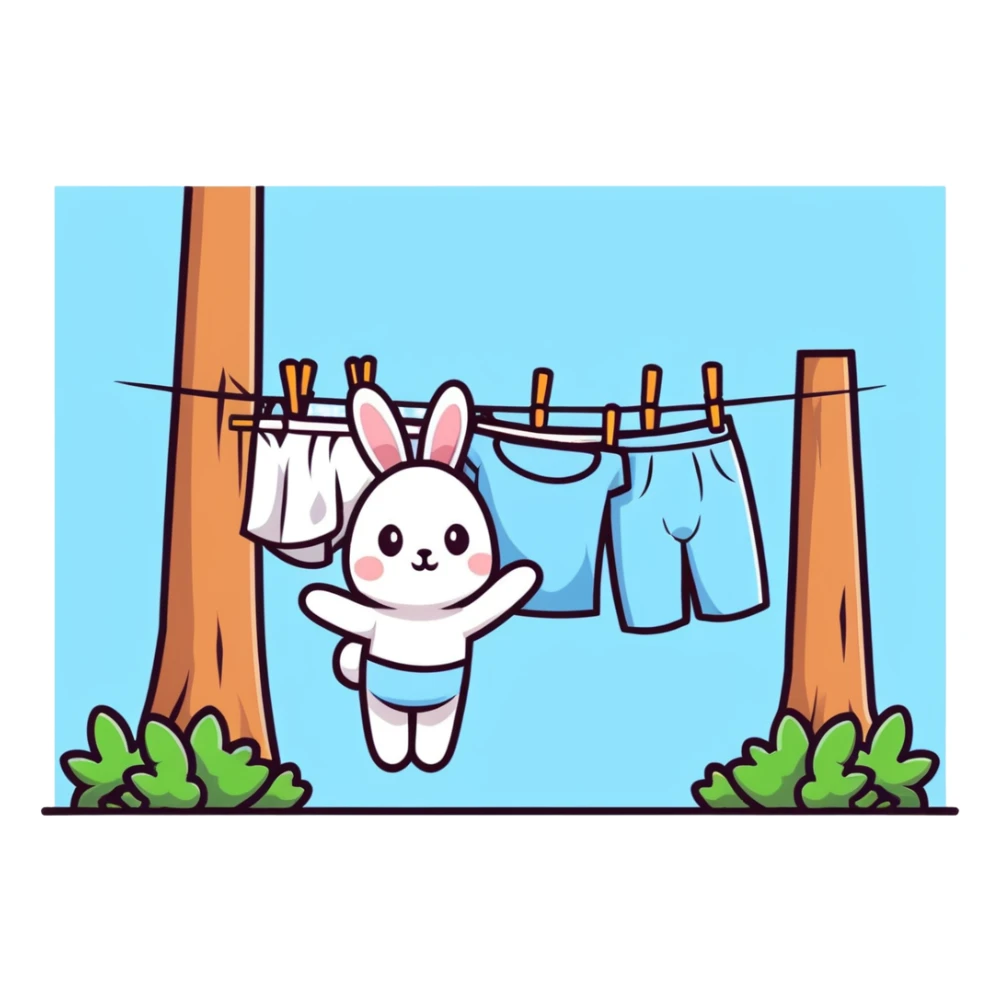 bunny hanging laundry between trees, calming domestic forest feel sticker