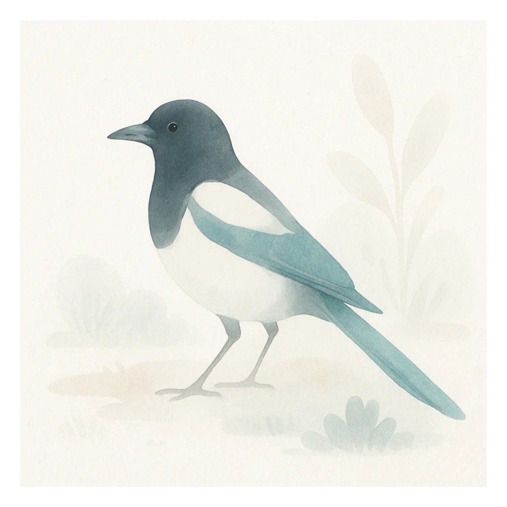 Eurasian magpie, watercolor style, soft brush strokes, natural setting sticker