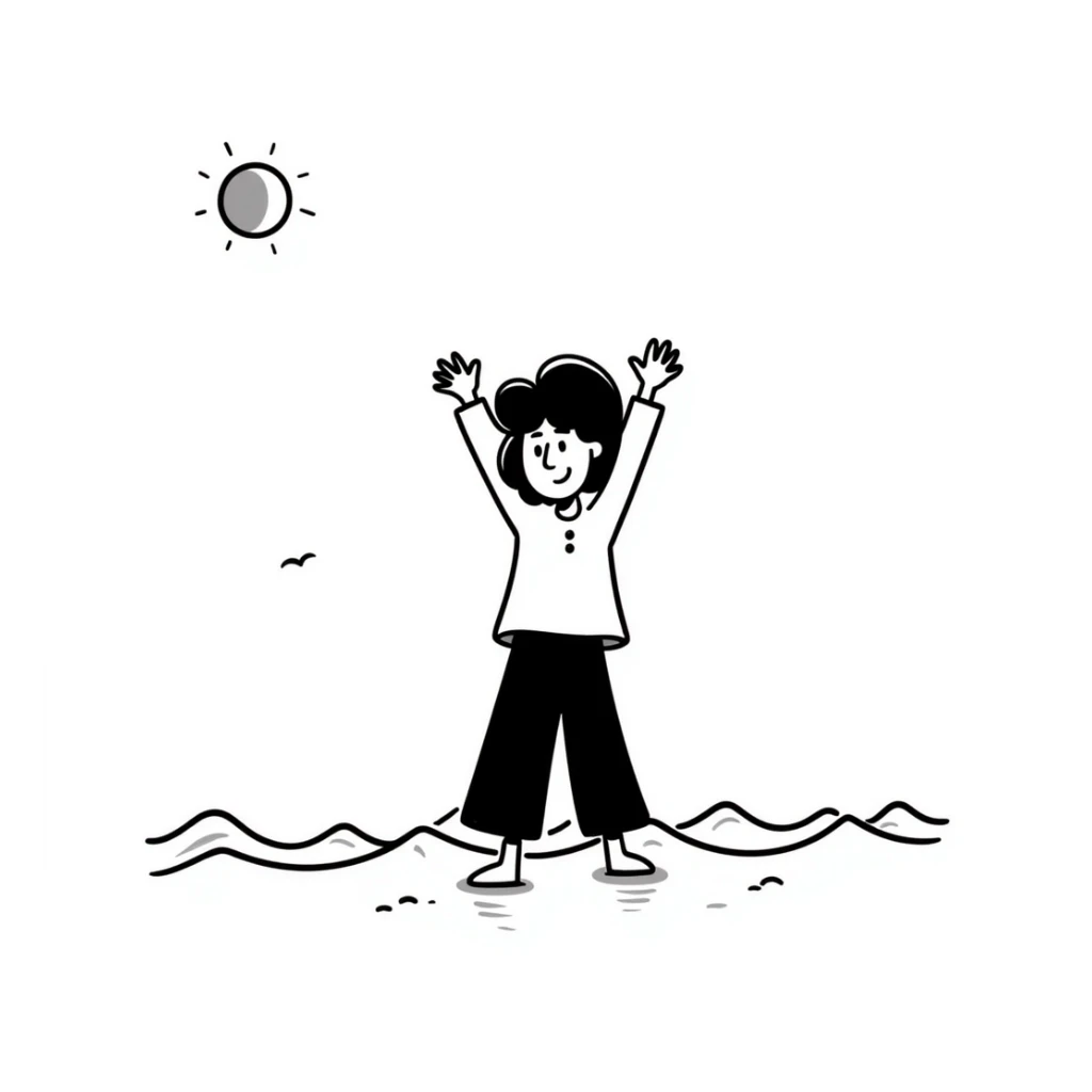 Whimsical character dancing with arms up on beach, sunshine highlighting their silhouette, playful tralalala mood, ocean waves sticker