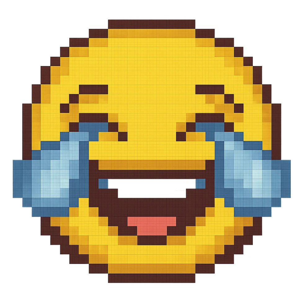 Create a cry-laughing emoji with large blue tears streaming from the eyes in pixel art style. The emoji should have no background and keep the original pixel art style look. sticker