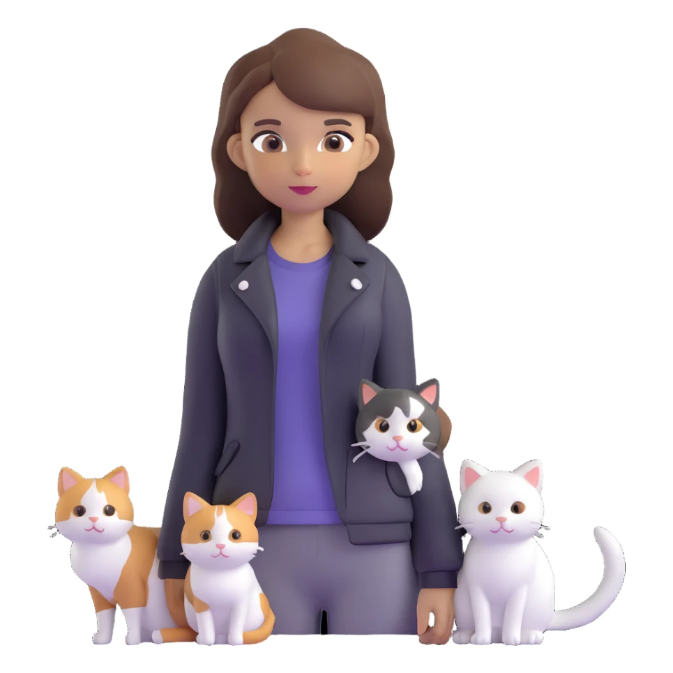 Light-skinned girl with brown straight hair wearing a black jacket, along with one pure white cat and one calico cat sticker