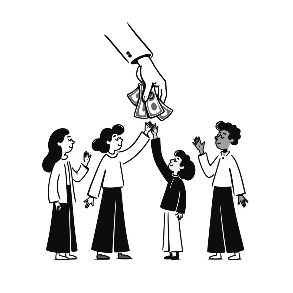 Hand giving money to family members, financial support concept sticker