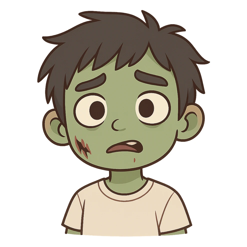 Create a chibi sticker style version of the character with green skin, messy black hair, and a slightly confused expression. Keep the background transparent. sticker