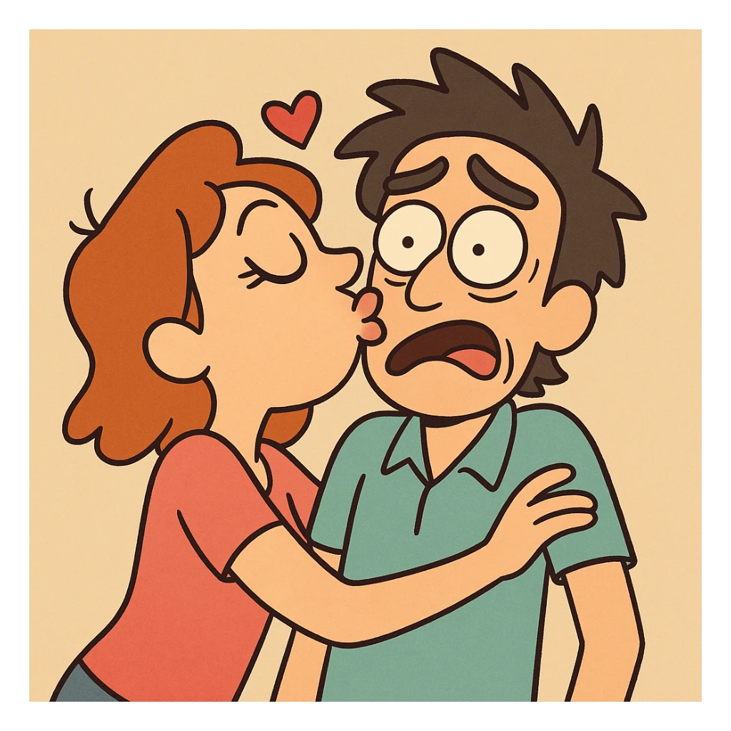 a kiss, playful cartoon style, colorful, fun sticker