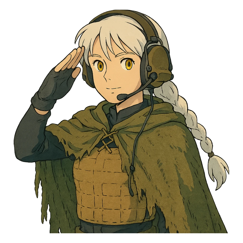 1 female, mid 20's, white hair in a long braid, gold yellow eyes, adorned in a black long sleeve shirt, tan body armor and a worn olive-green cloak with netting holding it together. She wears a COMTAC headset. is giving a stealthy salute sticker