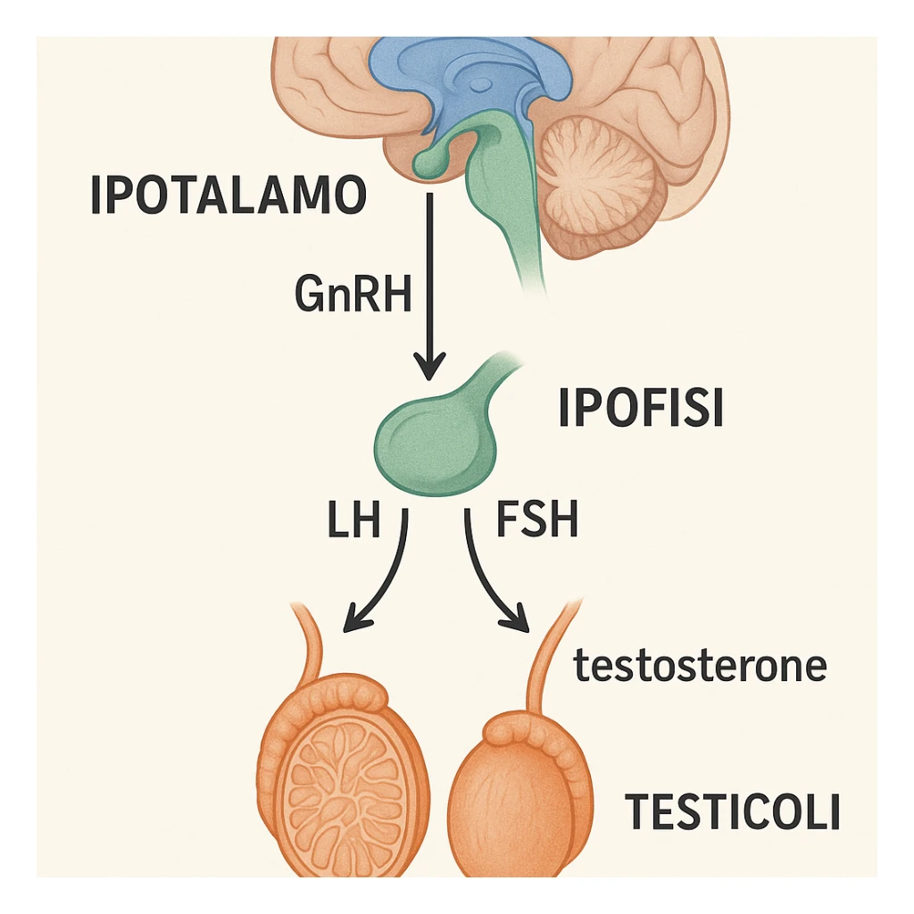clear and realistic infographic of the HPT axis (hypothalamus-pituitary-testes): showing hypothalamus, pituitary gland, and testes connected by arrows, including hormone names (GnRH, LH, FSH, testosterone), simple diagram, distinct colors for each part, scritte in italiano sticker