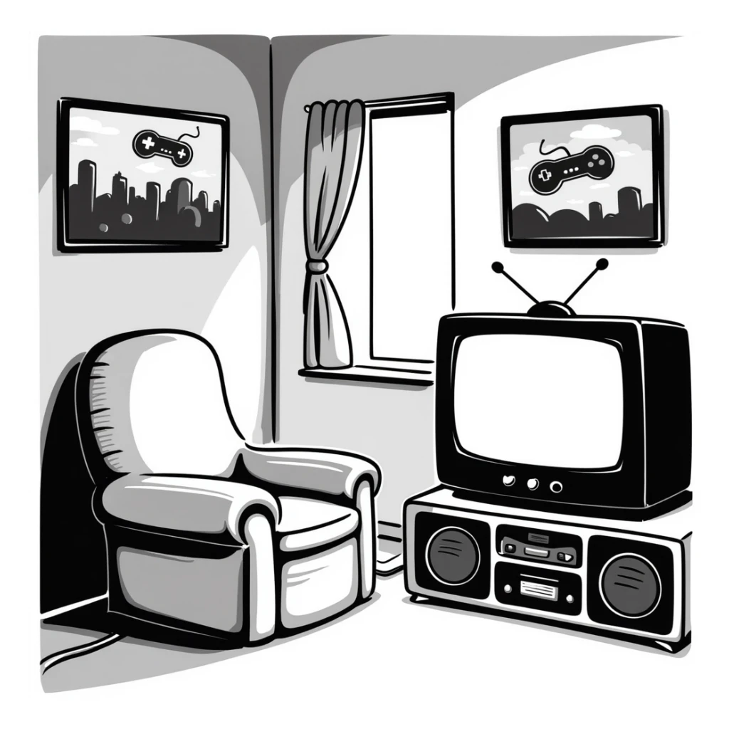 A retro gamer room with pixel posters and a console hooked to a tube TV sticker
