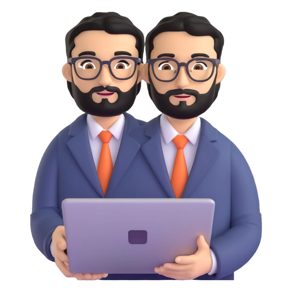 same professional man with medium black beard, neat black hair, connected unibrow, olive tan skin, brown eyes, glasses, prominent nose, in business casual attire, holding laptop under arm sticker