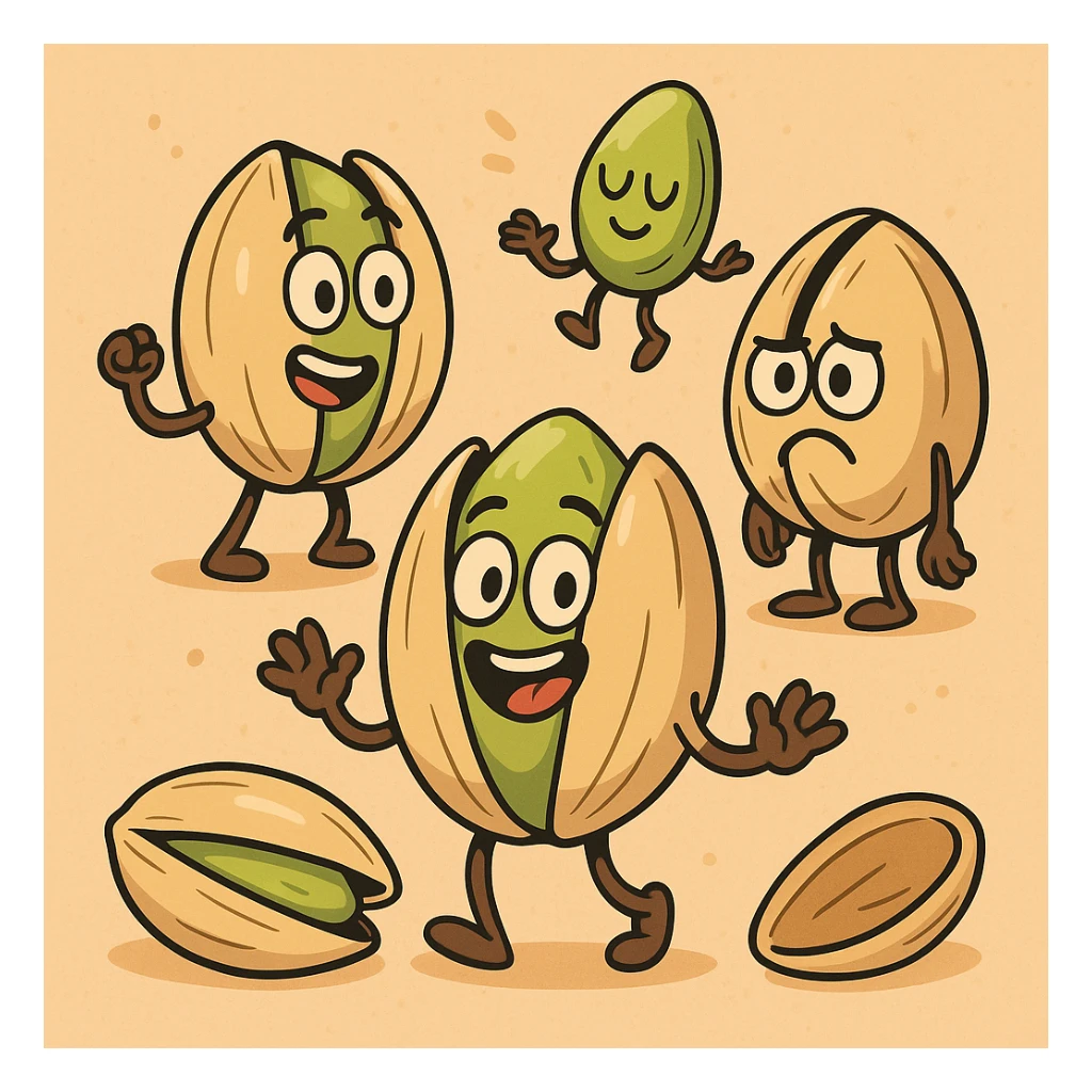 cartoon style pistachios, colorful, simple shapes, playful sticker