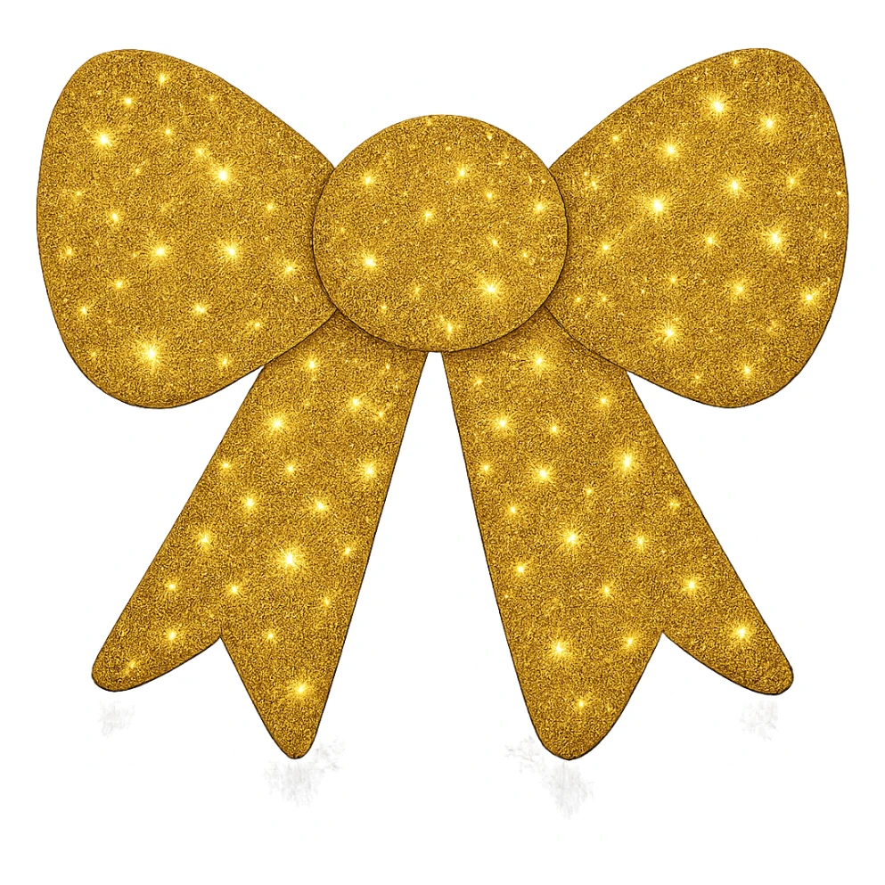 Make the decorative bow gold glitter and covered in glitter, shiny and vibrant, no background. Emphasize shiny and vibrant gold glitter covering the bow. sticker