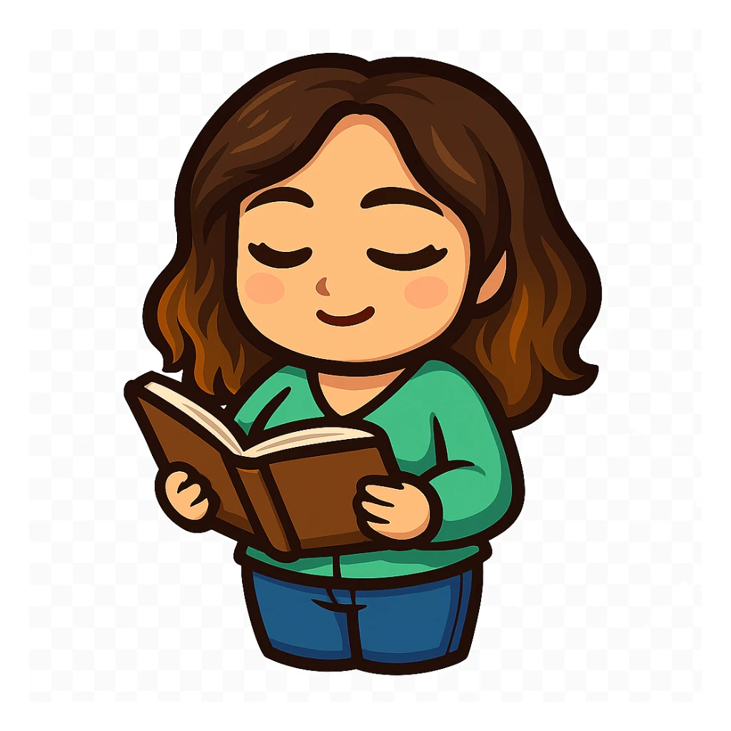 Sticker style chibi emote, matching the attached green heart emote as a base, but with a slightly skinnier body and a bigger chest. Woman from reference, mint green blouse and blue jeans, reading a book, cute focused face, no headband, no wand, no green heart, transparent background. Top color should not match jeans. sticker