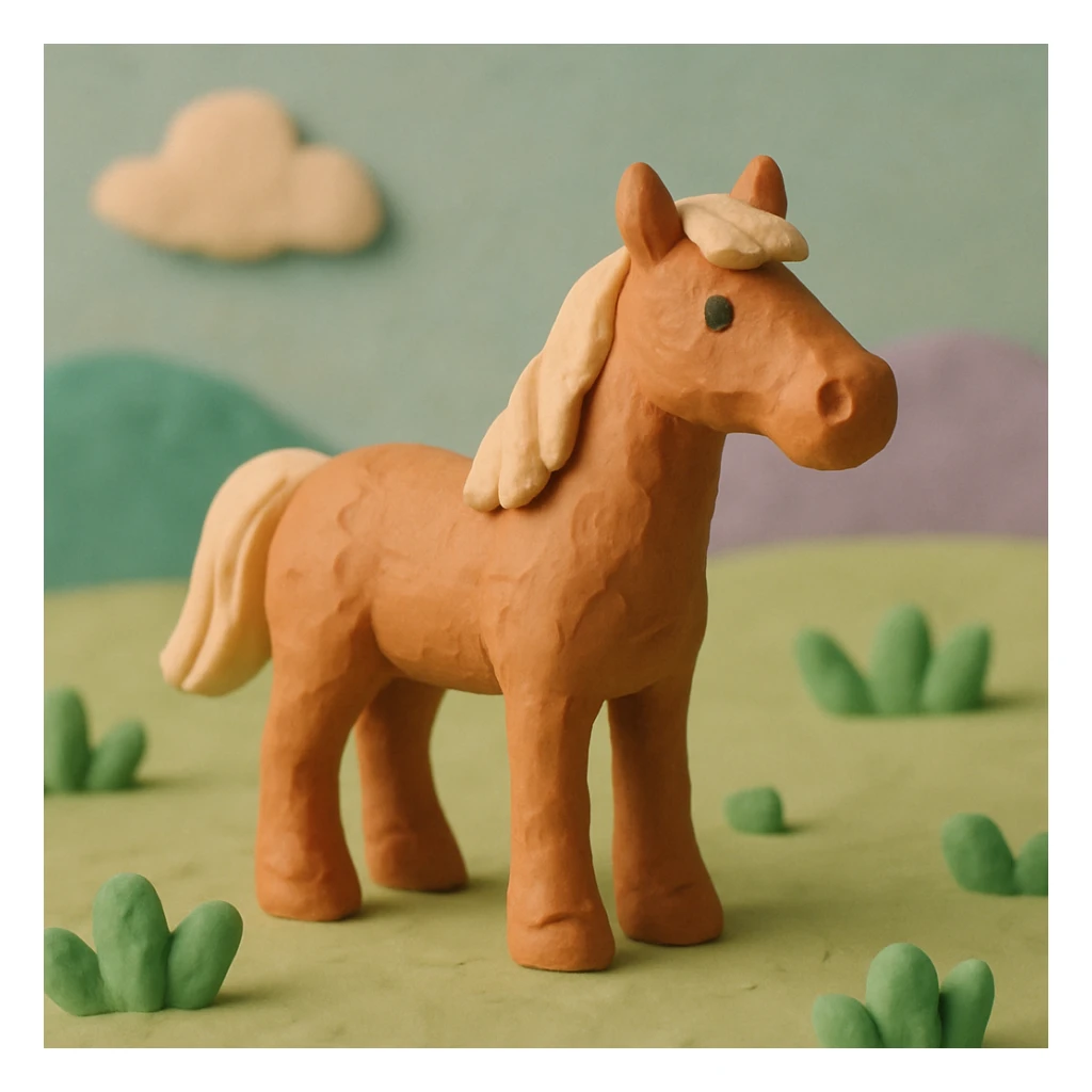 horse standing in a field, pastel colors, visible fingerprints, playful and textured, claymation style sticker