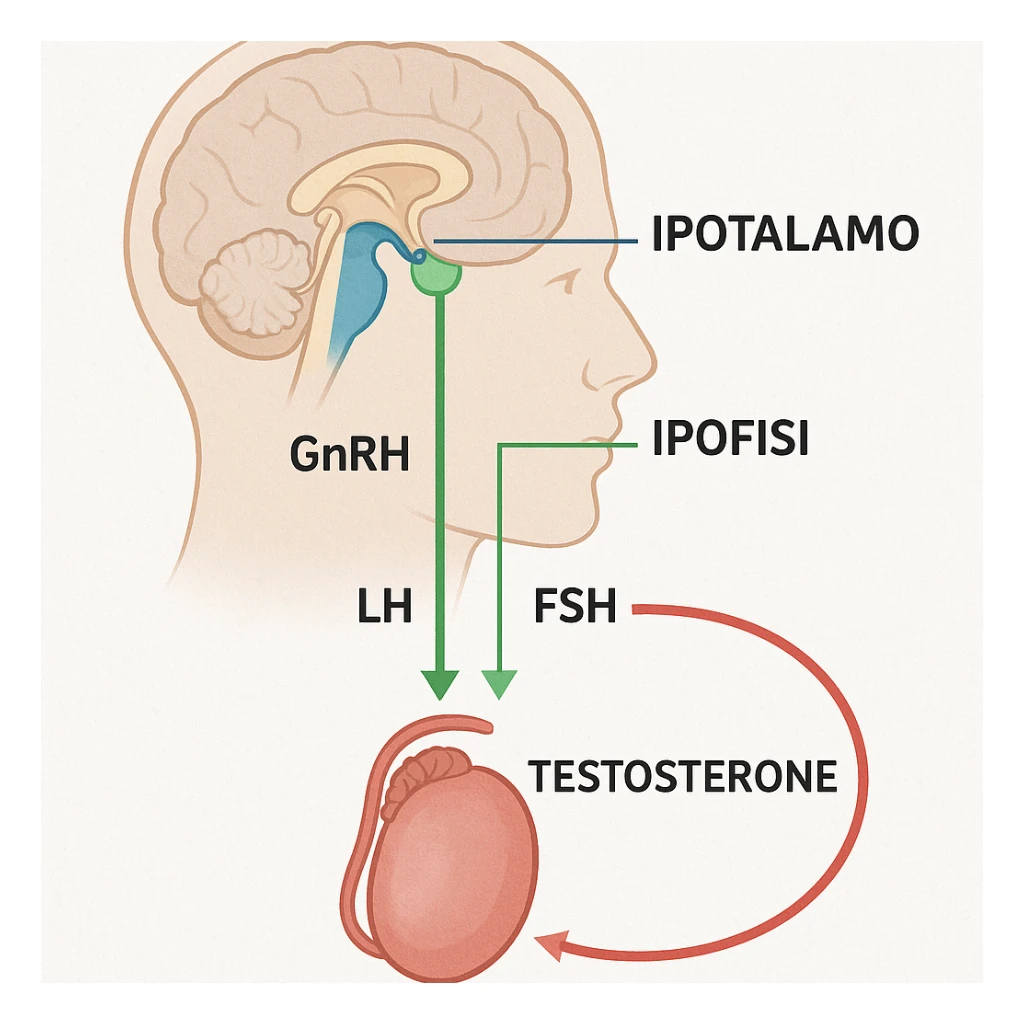 clear and realistic infographic of the HPT axis (hypothalamus-pituitary-testes): showing hypothalamus, pituitary gland, and testes connected by arrows, including hormone names (GnRH, LH, FSH, testosterone), simple diagram, distinct colors for each part, scritte in italiano sticker