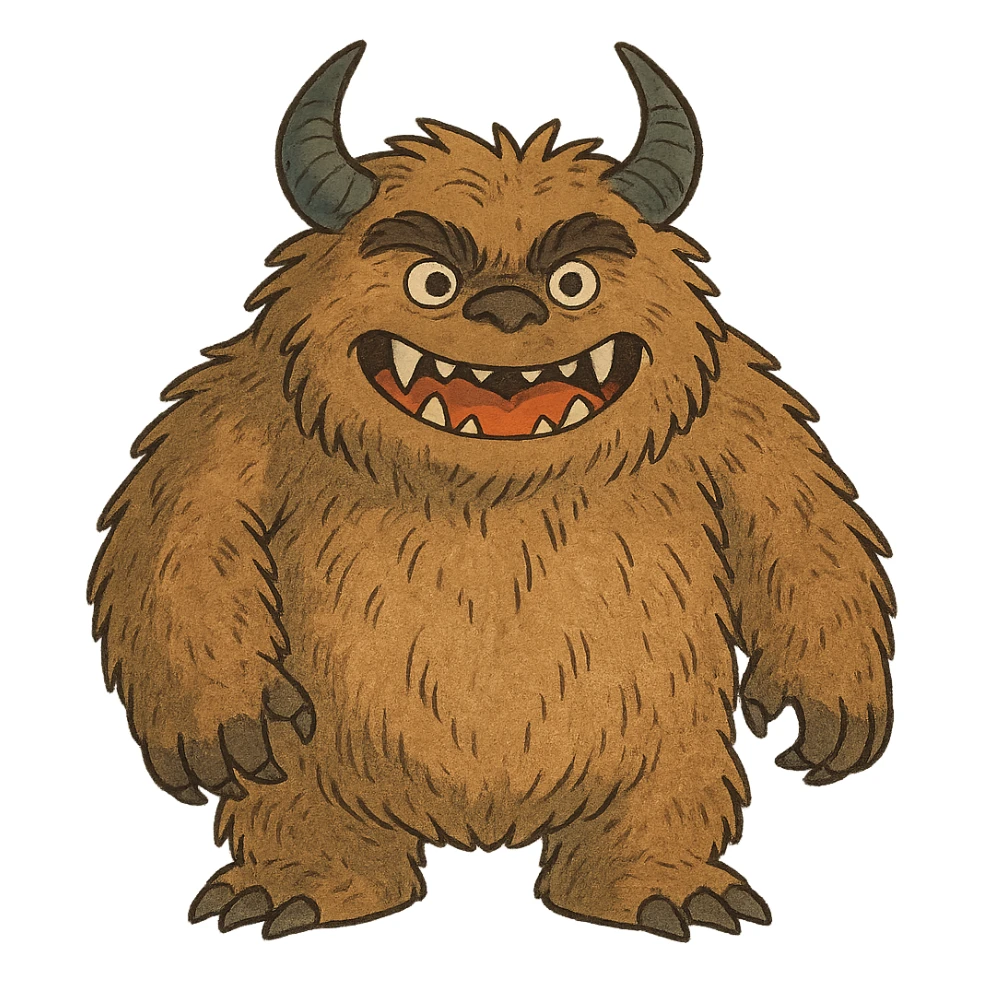 a big hairy monster with horns and sharp teeth, ghibli-inspired style, suitable for the animal and nature section of emojis sticker