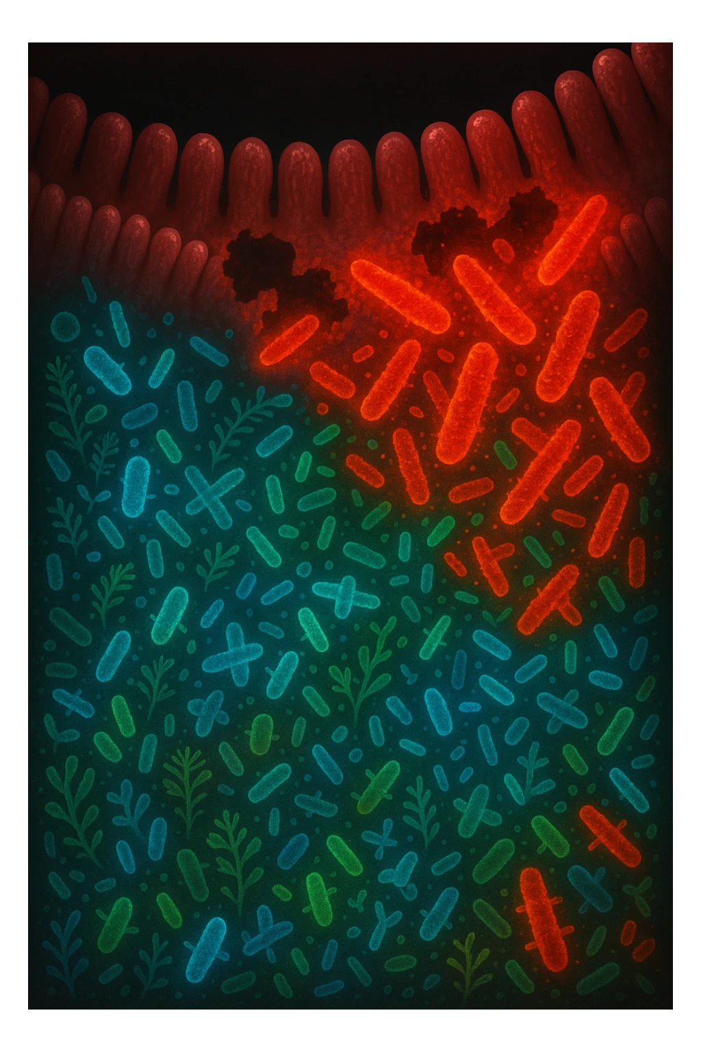 Scientific visualization of a man's intestinal lining. A healthy, diverse garden of glowing blue and green probiotic bacteria is being overtaken and outnumbered by aggressive, inflammatory red and orange pathogenic bacteria, creating patches of damage and imbalance. Dark, clinical background. sticker