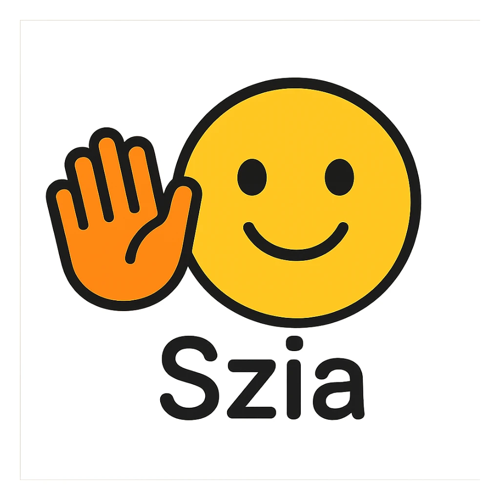 Create a friendly, modern waving thank you emoji with the text "Szia" included, suitable for a YouTube channel with a transparent background. The style should be color outlined with black outlines and support text. sticker