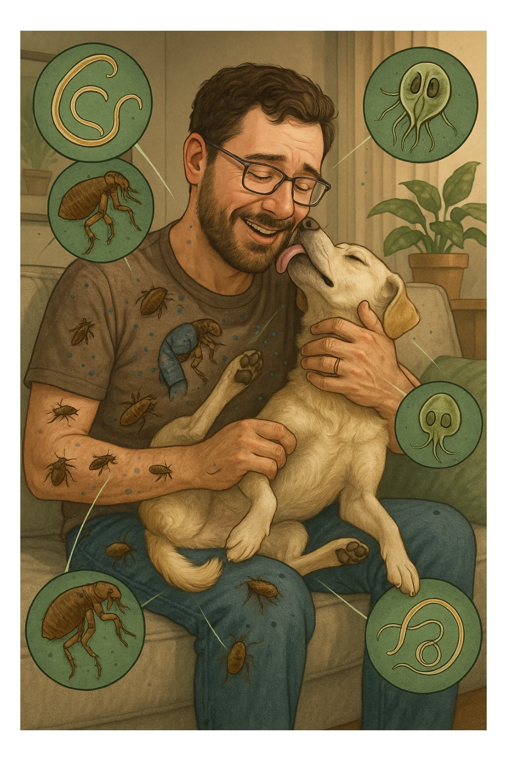 "Man cuddling with his beloved dog on couch, unaware that fleas, ticks, and worms are jumping from pet's fur onto his clothing, microscopic visualization showing roundworms, hookworms, and giardia transferring between species, expression of loving pet owner ignorant of health risks, living room becoming cross-contamination zone, pet's scratching and licking spreading parasites to human environment" in italiano sticker