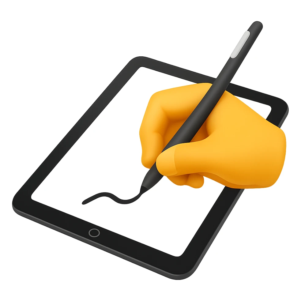 Add a hand drawing something on the digital tablet with stylus in emoji style, no background, vibrant and clear colors, simple and concise emoji look sticker