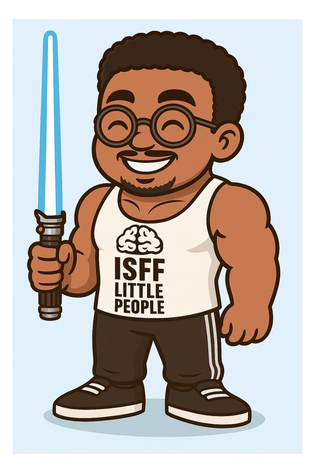Add a detailed cartoon style lightsaber in the character's hand, keeping the light blue background as is. sticker