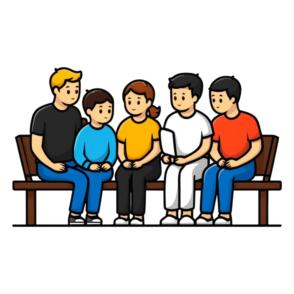 group of five white people sitting in training session sticker