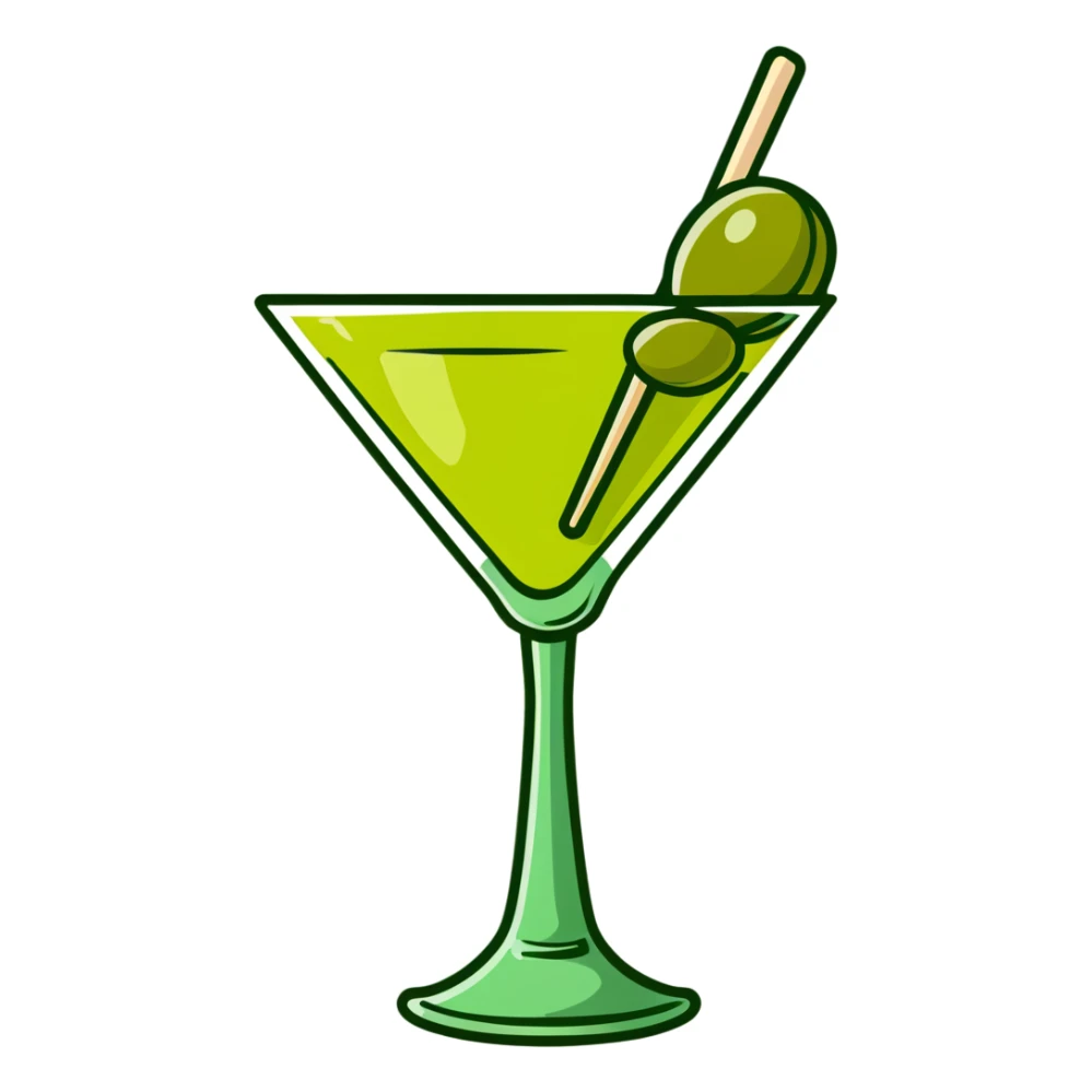martini glass with completely colorless transparent liquid like pure water, with a green olive at the bottom skewered by a toothpick sticker