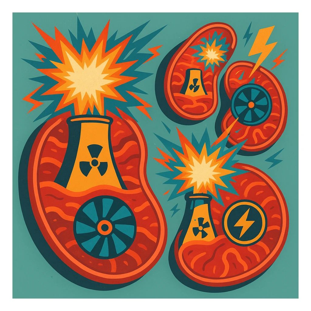 stylized mitochondria as nuclear power plants, visible energy explosions, turbines and energy symbols, updated DALL·E 3 style, vivid colors, only energetic elements, neutral background sticker