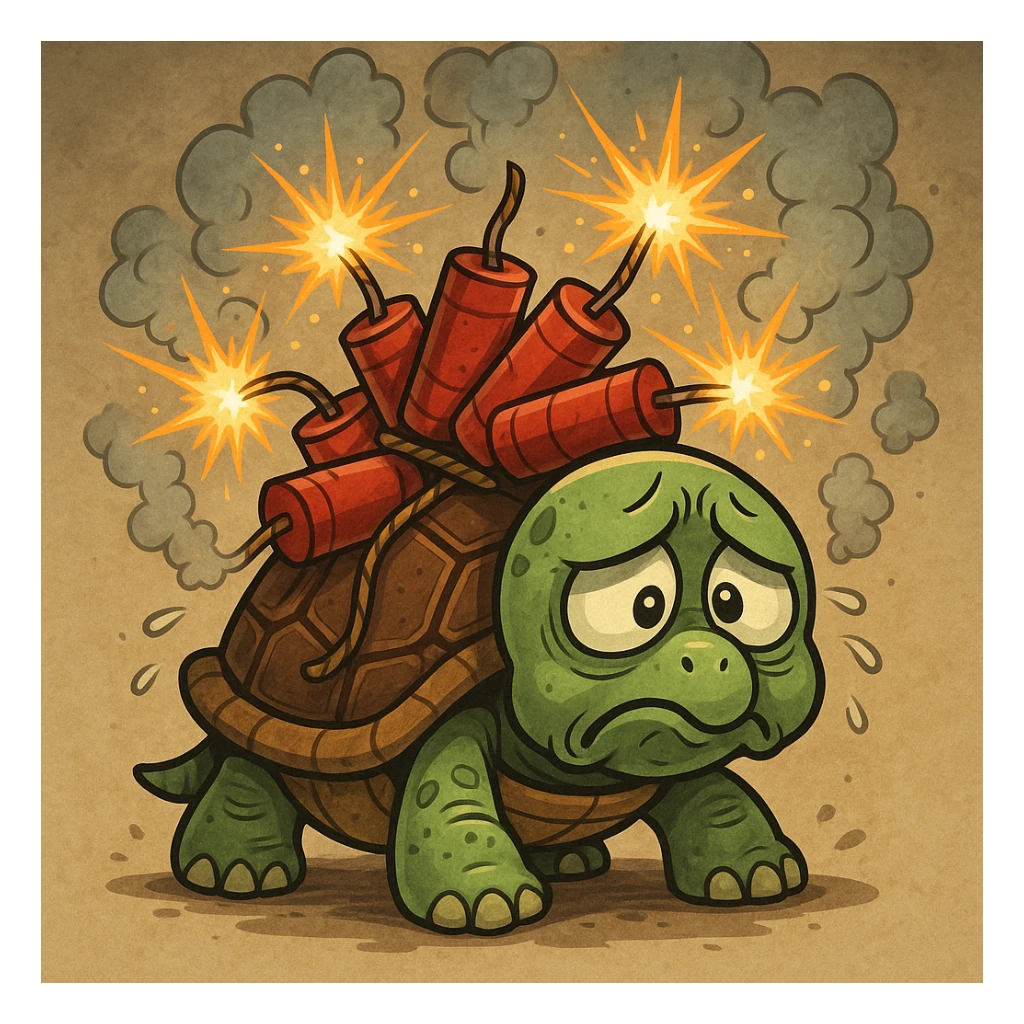A cartoon turtle with firecrackers on its shell, appearing very sad and in pain, the firecrackers are sparking and dangerous sticker