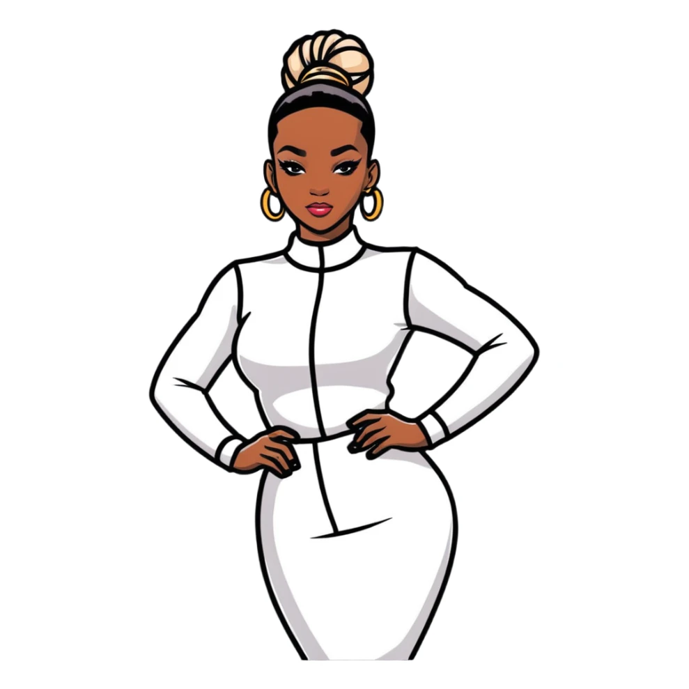 Glamorous African fashion model with tight high ponytail, catwalk pose, trendy designer outfit sticker