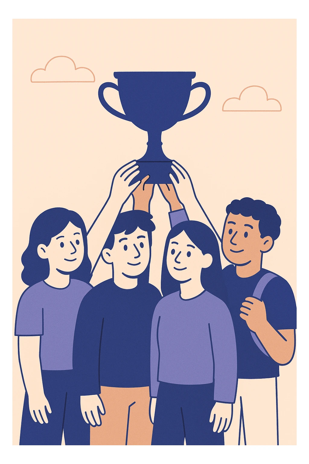 four students in a warm atmosphere lifting a trophy, flat design style, warm colors sticker