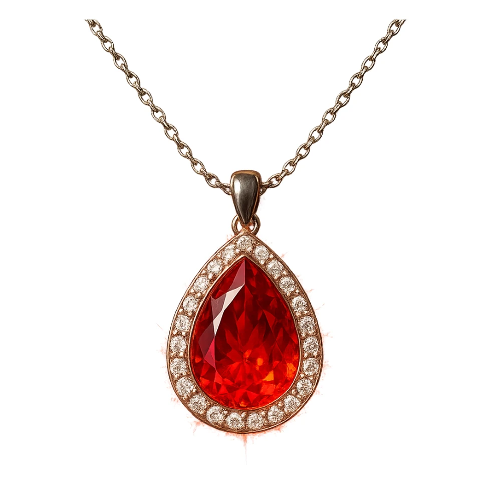 A teardrop-shaped ruby pendant cradled in a delicate silver chain, haloed by shimmering white stones, glowing with fiery red light sticker