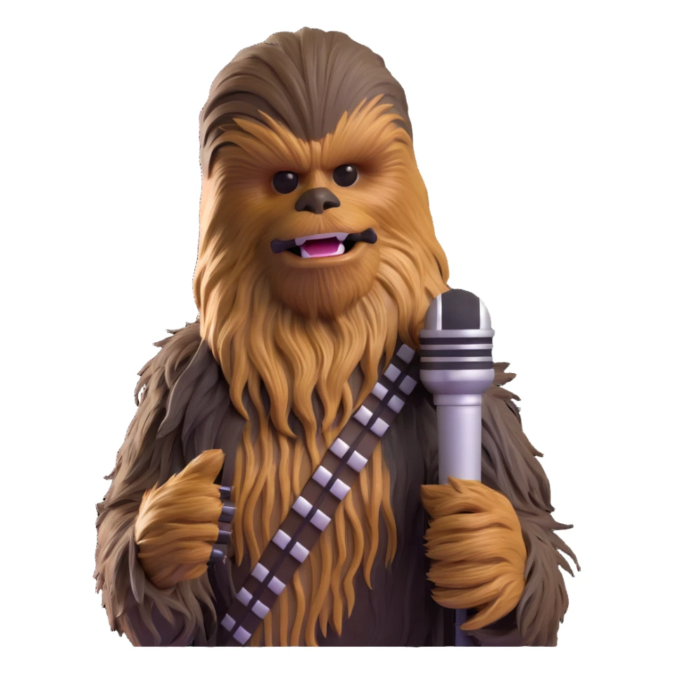 Chewbacca holding a microphone, close-up, detailed fur sticker