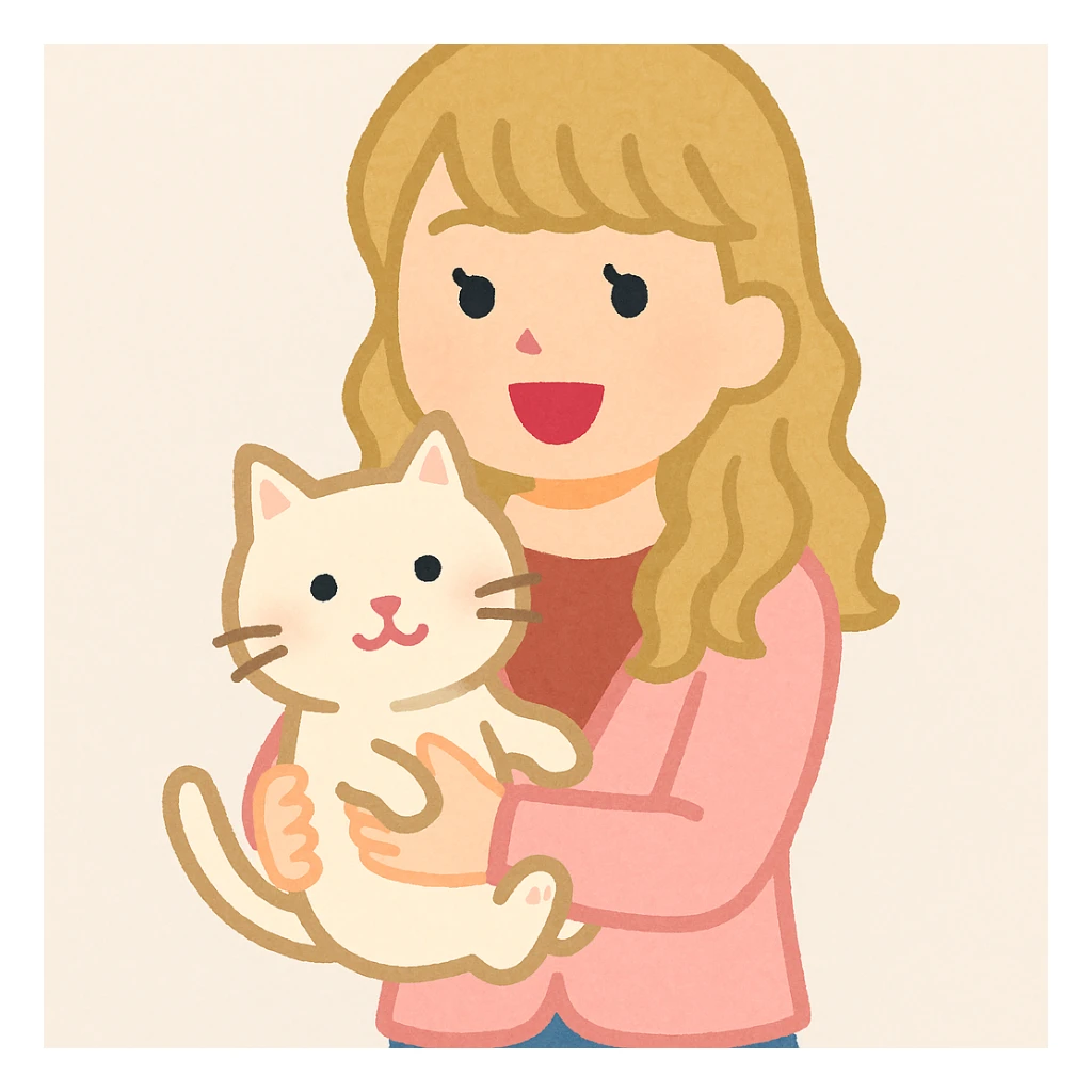 Taylor Swift in Irasutoya style, with a cat, cheerful expression sticker