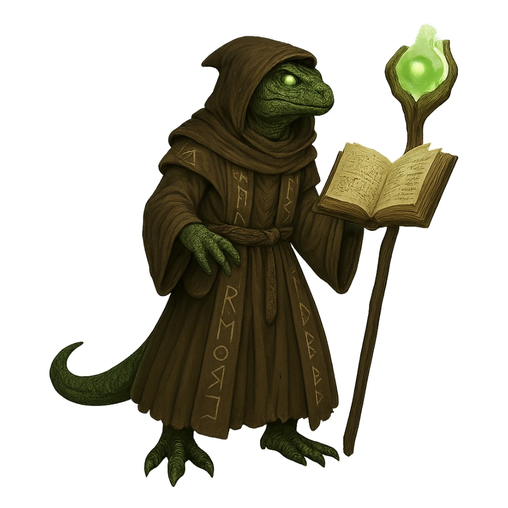 Add a floating magic book to the lizard man wizard, keeping the fantasy magical style. The image should have no background. sticker