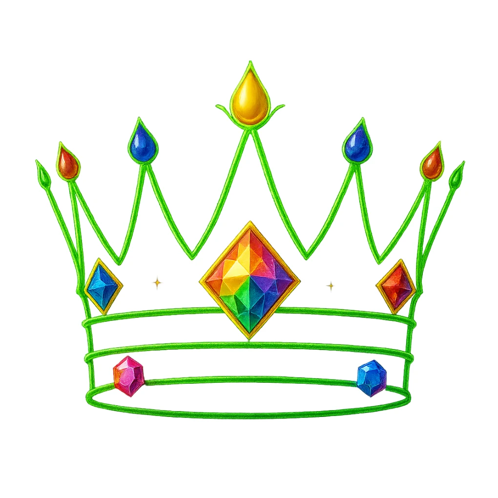 Add colorful jewels to the glowing neon crown, keep the background transparent, maintain the glowing neon style and vibrant colors of the crown. sticker