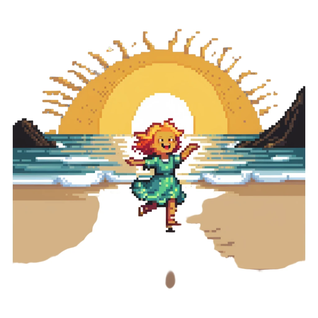 Cheerful beach character dancing on sand with ocean waves and sun, highlighted sticker