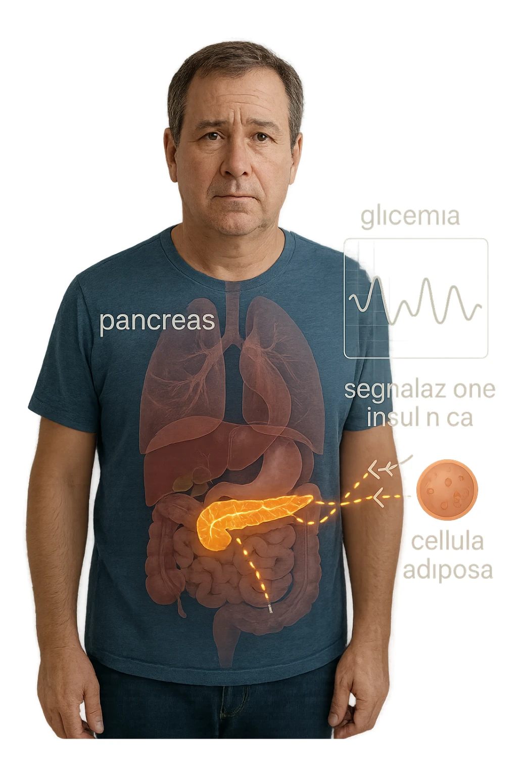 a middle-aged man stands in a clinical setting, with a semi-transparent overlay showing his internal organs. His pancreas is highlighted, and glowing lines or icons indicate disrupted insulin signaling between the pancreas and muscle or fat cells. The man’s expression is slightly concerned, and a digital chart beside him displays fluctuating blood sugar levels. The lighting is realistic, with a clean, modern medical background. scritte in italiano sticker