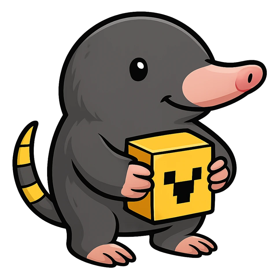 Make the character look more like a real mole with a longer nose, small eyes, and mole-like features, still holding a Minecraft gold block. The style should be cartoonish and cute with no background. sticker