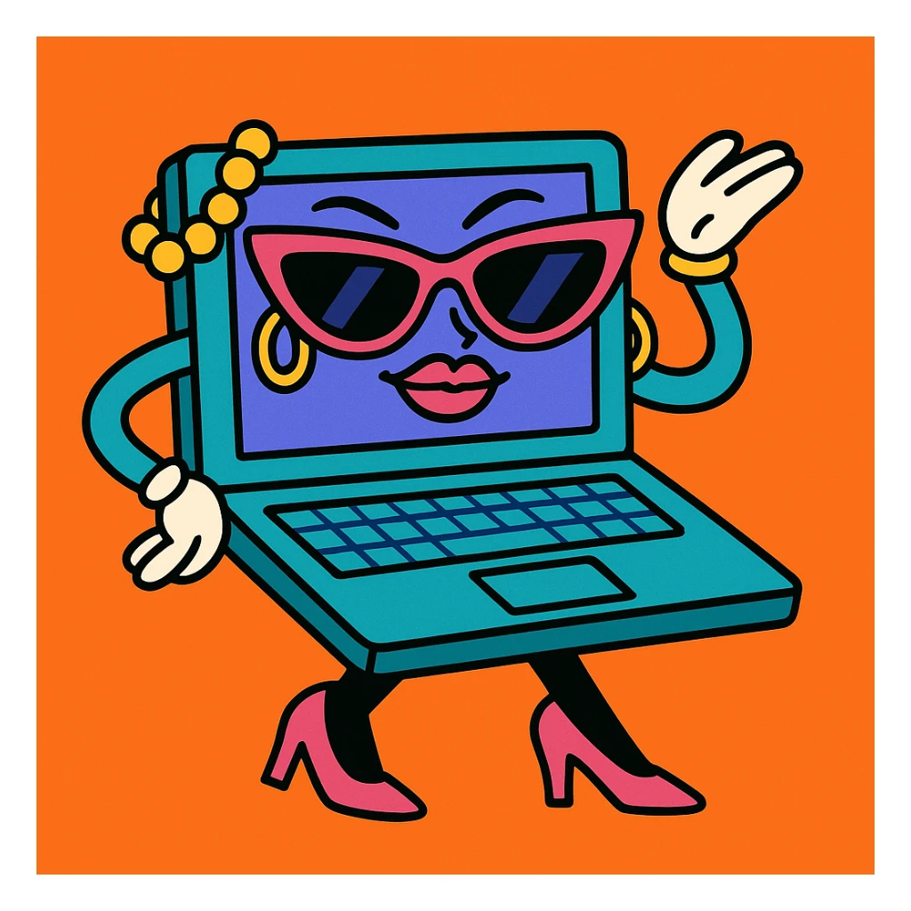 a laptop with high heels, sunglasses, jewelry, exuding confidence and style, dress to impress in your computer sticker