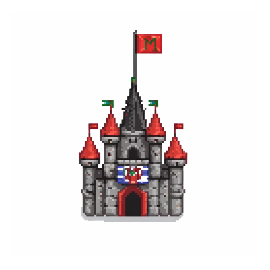 black and red castle with a flag that has the letter M drawn on it sticker
