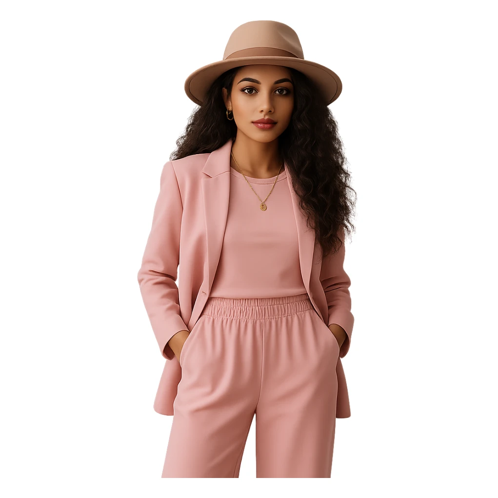 Add a fashionable hat and a necklace in a realistic style. Keep the background transparent. sticker