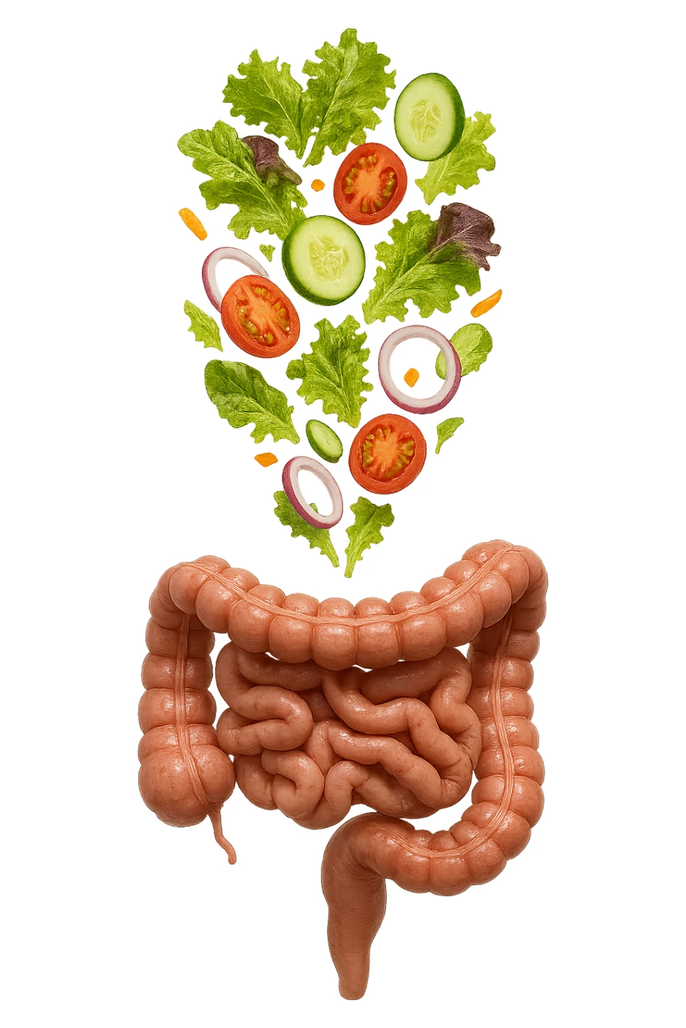 INSALATA CADE VERTICALMENTE SU UN INTESTINO ANATOMICO REALISTICO, iperrealistico 4k, ISOLATA SU SFONDO BIANCO sticker